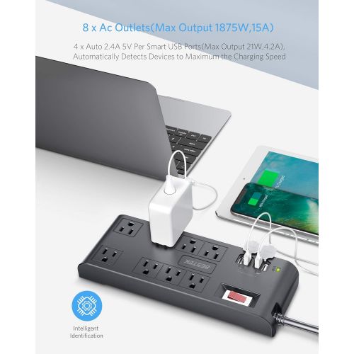  [아마존 핫딜] [아마존핫딜]BESTEK 8-Outlet Surge Protector Power Strip with 4 USB Charging Ports and 6-Foot Heavy Duty Extension Cord, 600 Joule, ETL Listed