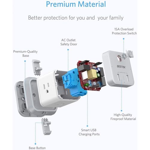  [아마존핫딜][아마존 핫딜] BESTEK Smart WiFi Power Strip, Remote Control Vertical Cube Mountable Power Outlet Extender with 3 Outlets, 2 USB Ports, 5-Foot Extension Cord and Detachable Base for Easy Mounting