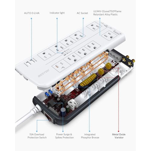  [아마존 핫딜] BESTEK 10-Outlet 4000 Joules Surge Protector Power Strip High Joules Surge Protector with Dual 2.4A USB Charging Ports, 6-Foot Heavy Duty Extension Cord, FCC/UL Listed, White