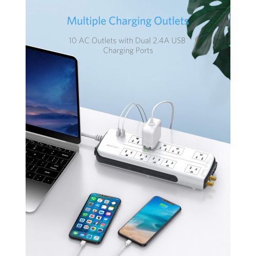  [아마존 핫딜] BESTEK 10-Outlet 4000 Joules Surge Protector Power Strip High Joules Surge Protector with Dual 2.4A USB Charging Ports, 6-Foot Heavy Duty Extension Cord, FCC/UL Listed, White