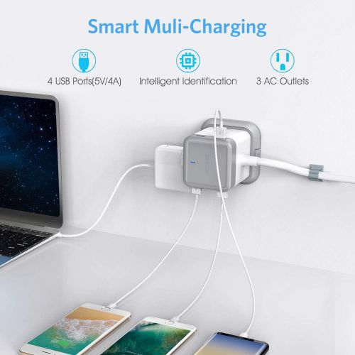  [아마존 핫딜] BESTEK Power Strip with USB, Vertical Cube Mountable Power Outlet Extender with 3 Outlets, 4 USB Ports, 5-Foot Extension Cord and Detachable Base for Easy Mounting