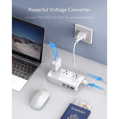  [아마존베스트]BESTEK Universal Travel Adapter 100-220V to 110V Voltage Converter 250W with 6A 4-Port USB Charging 3 AC Sockets and EU/UK/AU/US/India Worldwide Plug Adapter (White)