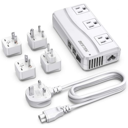  [아마존베스트]BESTEK Travel Adapter with UK Plug Universal 100-220V to 110V Voltage Converter 250W with 6A 4-Port USB Charging 3 AC Sockets and EU/US/India/AU Adapter for Worldwide use (White)