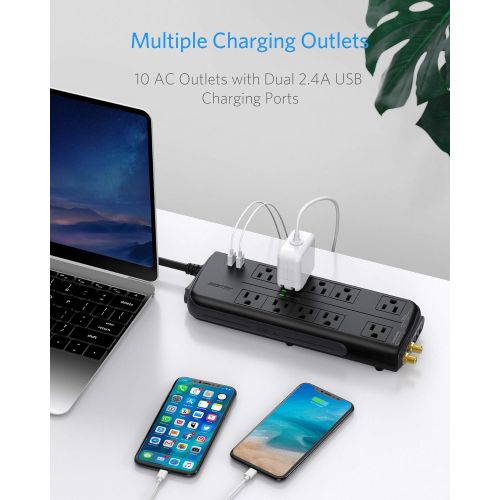  High Joule Power Surge Protector BESTEK, 4000 Joule 10-Outlet Power Strip 2 Smart USB Charging Ports, 6ft Heavy Duty Extension Cord