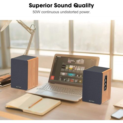  [아마존베스트]Bookshelf Speakers, BESTISAN Powered Bluetooth Bookshelf Speakers, Optical Input,Wireless Studio Monitors, 4 Inch Near Field Speaker - 50W RMS - Wood Grain 2.0 Stereo Active Near