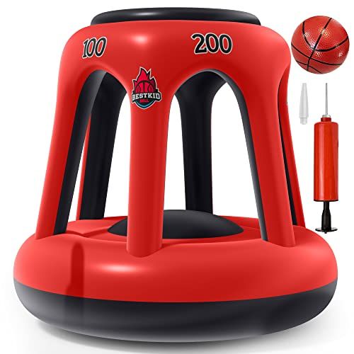  BESTKID BALL Swimming Pool Basketball Hoop - Inflatable Basketball Hoop Set with Ball, Pump and Two Needles Included - Ideal Pool Game for Kids, Adults and Family - Red/Black