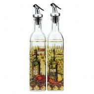 BESTLEE 17-Ounce Oil and Vinegar Dispenser Cruet - Glass Bottle with Lever Release Pourer (2 PACK Tuscany Flower)