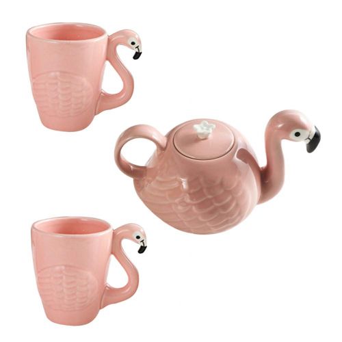  BESTONZON Keramik Flamingo Teekanne Zwei Tassen