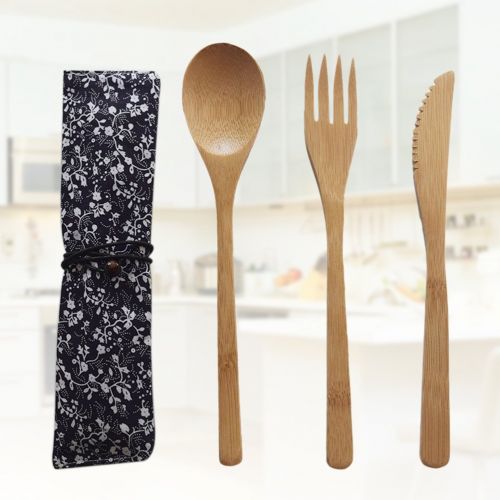  BESTONZON Besto Nzon 4Pieces Cutlery Set Travel Vintage Style Bamboo Fork Spoon Knife for Kitchen Home