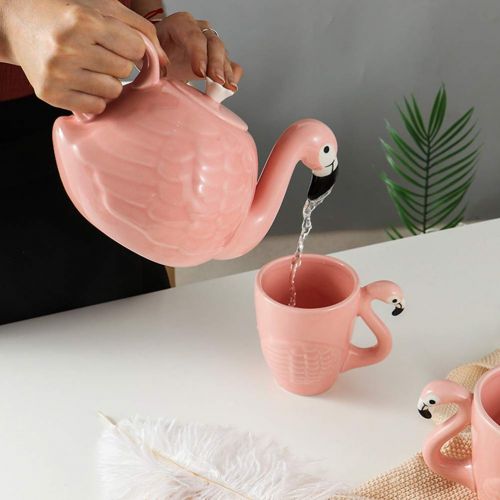  BESTONZON Keramik Flamingo Teekanne Keramik-Flamingo-Muster-Teekanne Griff hitzebestandige Keramik