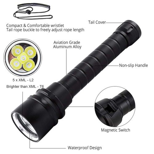  BESTSUN Diving Flashlight, 8000 Lumen CREE 5 x XML-L2 LED Scuba Diving Flashlights Rechargeable 100M Underwater Waterproof Submarine Dive Light Torch