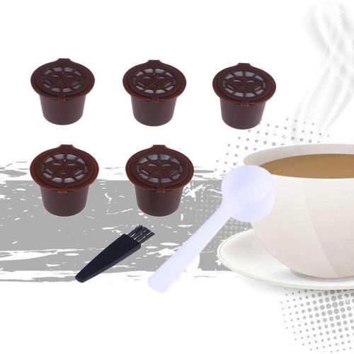  BESTONZON 5Pcs wiederverwendbare Kapseln Filter/Kapseln Pods/K Cups mit Loeffel und Pinsel, geeignet fuer Kaffee Kapsel Maschine (braun)