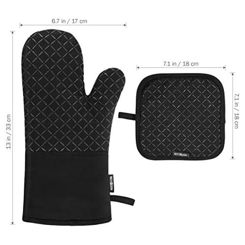  BESTONZON 4PCS Heat Resistant Oven Mitts and Pot Holders, Soft Cotton Lining with Non-Slip Surface for Safe BBQ Cooking Baking Grilling (Black)