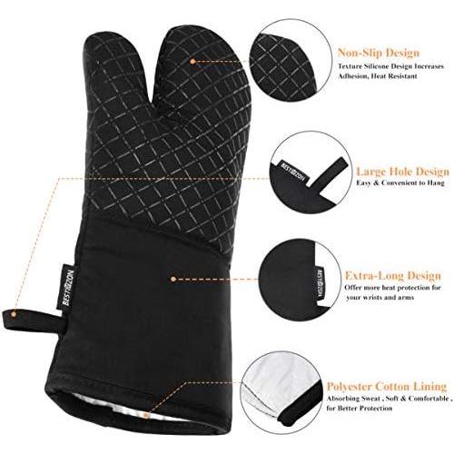  BESTONZON 4PCS Heat Resistant Oven Mitts and Pot Holders, Soft Cotton Lining with Non-Slip Surface for Safe BBQ Cooking Baking Grilling (Black)