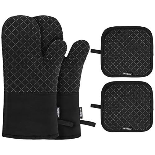  BESTONZON 4PCS Heat Resistant Oven Mitts and Pot Holders, Soft Cotton Lining with Non-Slip Surface for Safe BBQ Cooking Baking Grilling (Black)