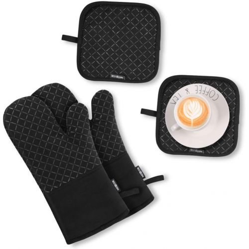  BESTONZON 4PCS Heat Resistant Oven Mitts and Pot Holders, Soft Cotton Lining with Non-Slip Surface for Safe BBQ Cooking Baking Grilling (Black)