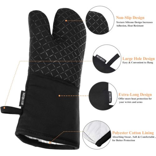  BESTONZON 4PCS Heat Resistant Oven Mitts and Pot Holders, Soft Cotton Lining with Non-Slip Surface for Safe BBQ Cooking Baking Grilling (Black)