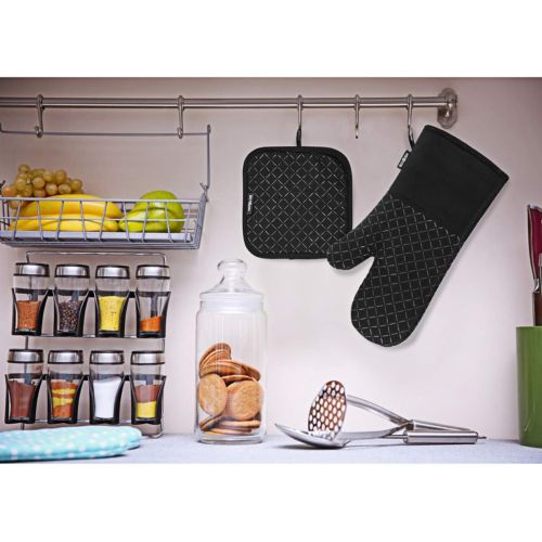  BESTONZON 4PCS Heat Resistant Oven Mitts and Pot Holders, Soft Cotton Lining with Non-Slip Surface for Safe BBQ Cooking Baking Grilling (Black)