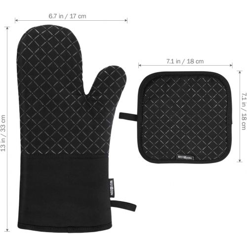  BESTONZON 4PCS Heat Resistant Oven Mitts and Pot Holders, Soft Cotton Lining with Non-Slip Surface for Safe BBQ Cooking Baking Grilling (Black)