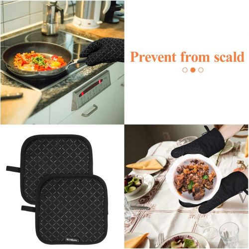  BESTONZON 4PCS Heat Resistant Oven Mitts and Pot Holders, Soft Cotton Lining with Non-Slip Surface for Safe BBQ Cooking Baking Grilling (Black)