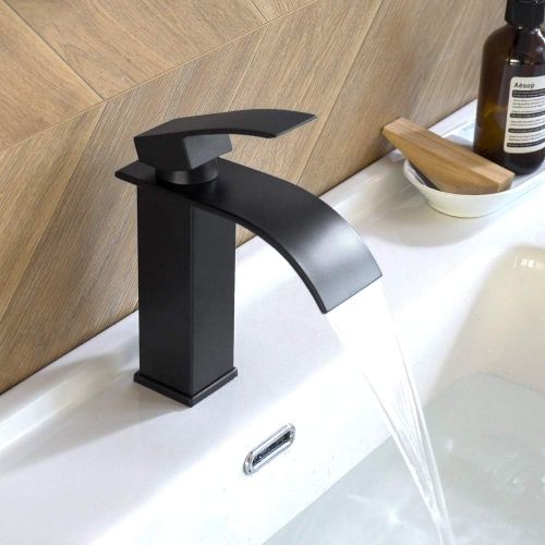  BESy Black Waterfall Spout Bathroom Faucet,Single Handle Bathroom Vanity Sink Faucet, Rv Lavatory Vessel Faucet Basin Mixer Tap with Deck Plate, Lead Free Solid Brass/Matte Black (