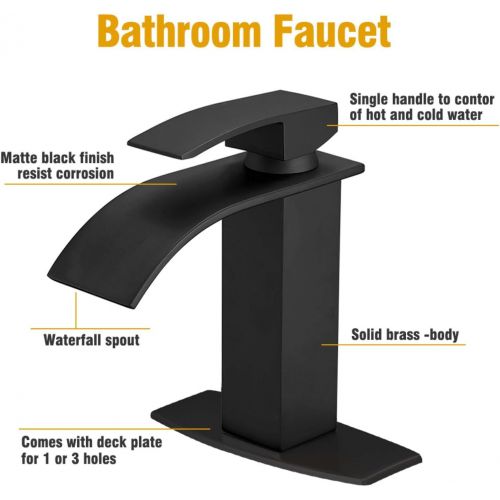  BESy Black Waterfall Spout Bathroom Faucet,Single Handle Bathroom Vanity Sink Faucet, Rv Lavatory Vessel Faucet Basin Mixer Tap with Deck Plate, Lead Free Solid Brass/Matte Black (