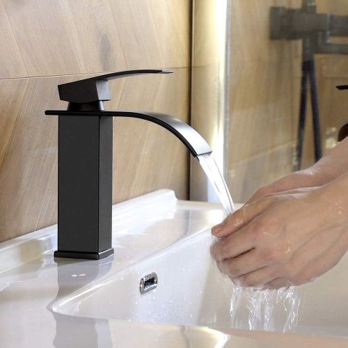  BESy Black Waterfall Spout Bathroom Faucet,Single Handle Bathroom Vanity Sink Faucet, Rv Lavatory Vessel Faucet Basin Mixer Tap with Deck Plate, Lead Free Solid Brass/Matte Black (