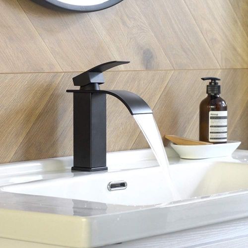  BESy Black Waterfall Spout Bathroom Faucet,Single Handle Bathroom Vanity Sink Faucet, Rv Lavatory Vessel Faucet Basin Mixer Tap with Deck Plate, Lead Free Solid Brass/Matte Black (