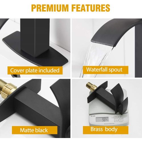  BESy Black Waterfall Spout Bathroom Faucet,Single Handle Bathroom Vanity Sink Faucet, Rv Lavatory Vessel Faucet Basin Mixer Tap with Deck Plate, Lead Free Solid Brass/Matte Black (