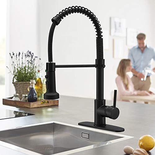  BESy Commercial Kitchen Faucet with Pull Down Sprayer, High-Arc Single Handle Single Lever Spring Rv Kitchen Sink Faucet with Pull Out Sprayer, 3 Function Laundry Faucet, Matte Bla