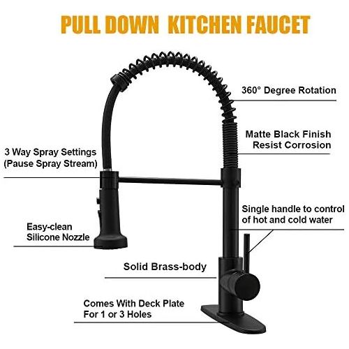  BESy Commercial Kitchen Faucet with Pull Down Sprayer, High-Arc Single Handle Single Lever Spring Rv Kitchen Sink Faucet with Pull Out Sprayer, 3 Function Laundry Faucet, Matte Bla