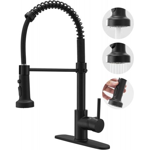  BESy Commercial Kitchen Faucet with Pull Down Sprayer, High-Arc Single Handle Single Lever Spring Rv Kitchen Sink Faucet with Pull Out Sprayer, 3 Function Laundry Faucet, Matte Bla