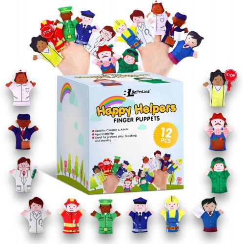  BETTERLINE Limited Edition Happy Helpers Finger Puppets 12-Piece Set - Teach and Learn with a Variety of Neighborhood People Characters - Free Bonus E-Book - For Families, Children, Kindergar