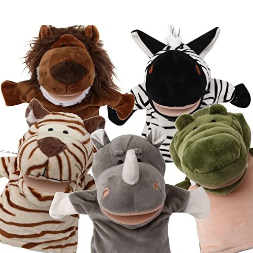  BETTERLINE 5-Piece Set Animal Hand Puppets with Open Movable Mouth / Zoo, Safari, Farm, Jungle / Tiger, Rhino, Lion, Crocodile and Zebra