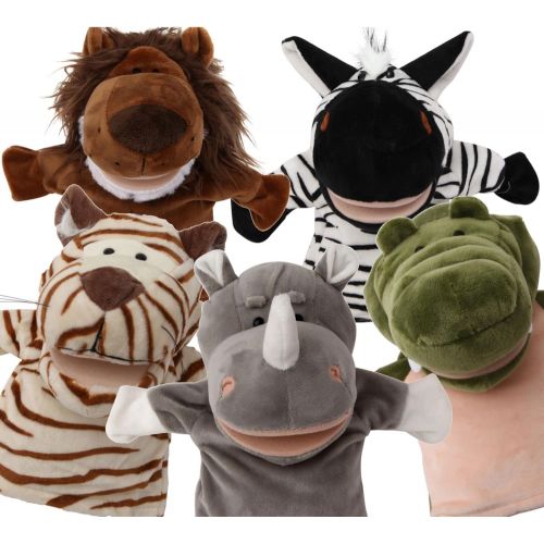  BETTERLINE 5-Piece Set Animal Hand Puppets with Open Movable Mouth / Zoo, Safari, Farm, Jungle / Tiger, Rhino, Lion, Crocodile and Zebra