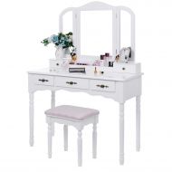 BEWISHOME Vanity Set Makeup Dressing Table and Cushioned Stool, Large Tri-Folding Mirror, 5 Drawers, 2 Dividers, Desktop Makeup Organizer Makeup Vanity Desk for Girls Women White F