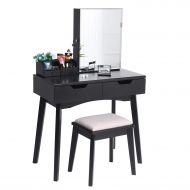 BEWISHOME Makeup Vanity Set, Lockable Jewelry Cabinet with Mirror, Makeup Organizer, Cushioned Stool, 2 Sliding Drawers Vanity Desk Dressing Table Black FST04H