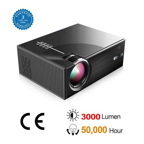  BEYI 3000 Lumen LCD LED Portable Home Theater Video Projectors, 2018 Updated Low-Noise Stereo Speakers, 50000+ Hours Support HD 1080P for Outdoor Movie Nights, Black