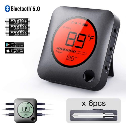  Bfour Bluetooth Meat Thermometer Smart Wireless Remote Digital BBQ Thermometer APP Controlled with 6 Stainless Steel Probes, Large LCD Display for Cooking Smoker Grilling Oven