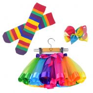 BGFKS Little Girls Tutu Outfit,Layered Ballet Tulle Rainbow Tutu Skirt with Hairbow and Long Stockings or Birthday Sash