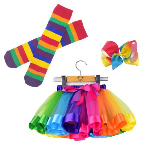  BGFKS Little Girls Tutu Outfit,Layered Ballet Tulle Rainbow Tutu Skirt with Hairbow and Long Stockings or Birthday Sash