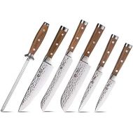 [아마존 핫딜]  [아마존핫딜]BGT Japanese 67 Layer High Grade VG-10 Super Damascus Steel Knives, Sharp, Teak Handle Professional Hammered Kitchen Knife Set with Knife Roll Bag 6Pcs Set (Silver Blade)