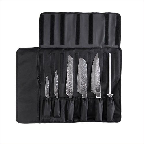  [아마존 핫딜]  [아마존핫딜]BGT Japanese 67 Layer High Grade VG-10 Super Damascus Steel Knives, Sharp, Teak Handle Professional Hammered Kitchen Knife Set with Knife Roll Bag 6Pcs Set (Silver Blade)