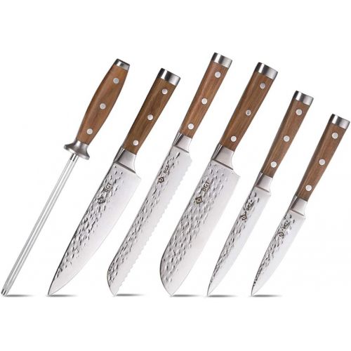  [아마존 핫딜]  [아마존핫딜]BGT Japanese 67 Layer High Grade VG-10 Super Damascus Steel Knives, Sharp, Teak Handle Professional Hammered Kitchen Knife Set with Knife Roll Bag 6Pcs Set (Silver Blade)