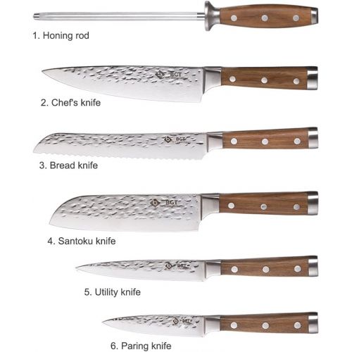  [아마존 핫딜]  [아마존핫딜]BGT Japanese 67 Layer High Grade VG-10 Super Damascus Steel Knives, Sharp, Teak Handle Professional Hammered Kitchen Knife Set with Knife Roll Bag 6Pcs Set (Silver Blade)