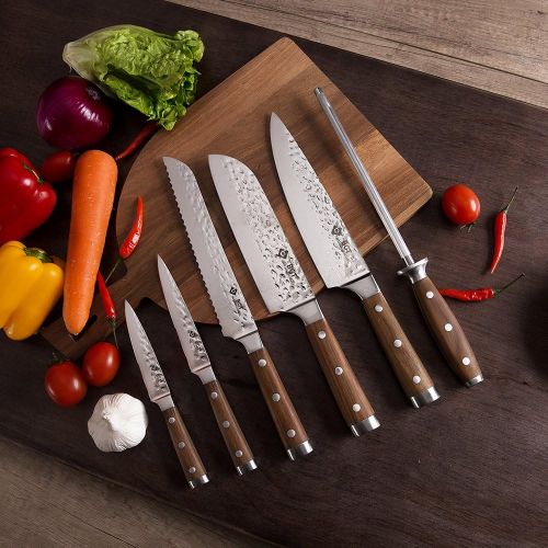 [아마존 핫딜]  [아마존핫딜]BGT Japanese 67 Layer High Grade VG-10 Super Damascus Steel Knives, Sharp, Teak Handle Professional Hammered Kitchen Knife Set with Knife Roll Bag 6Pcs Set (Silver Blade)