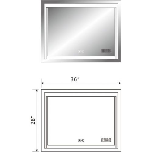  BHBL 36 x 28 in Horizontal LED Lighted Bathroom Silvered Mirror with Anti-Fog and Clock Function(C-CK150-C) (36 x 28 in)