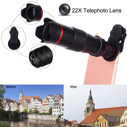  BHUATO Phone Camera Lens, Bhuato Upgraded 22X Zoom Telephoto Lens + 0.5 Wide-Angle Lens + 15X Macro Lens + Tripod + Carrying Case Compatible iPhone X877 Plus66s, Samsung Galaxy S8S7