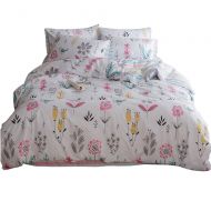 BHUSB Girls Cotton Full Bedding Sets Twin Little Flower Leaves Print Kids Duvet Cover Set with Colorful Stripe Pattern Reversible Queen Bedding Collection 3 Piece Set for Teens Stu