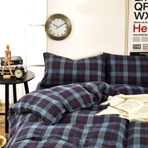  BHUSB Green Plaid Cotton Duvet Cover Set Queen for Kids Boys Geometric Grids Pattern Bedding Sets Full 100% Brushed Cotton Reversible Comforter Cover 3 Piece Set for Teens Children